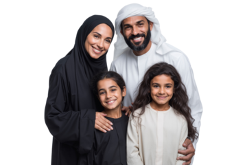 Smiling Emirati family wearing traditional clothes, embodying unity and cultural pride, isolated on transparent background