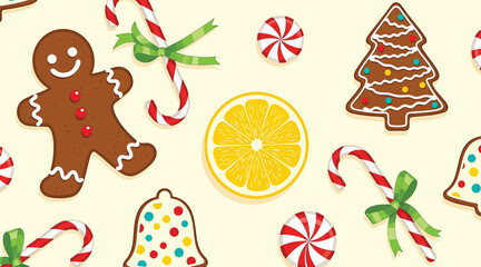 A delightful christmas pattern featuring a gingerbread man, candy canes, a lemon slice, a christmas tree cookie, and a bell cookie, all arranged on a soft yellow background