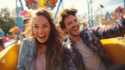 Fototapeta premium A couple enjoys an exhilarating roller coaster ride surrounded by vibrant colors and laughter.