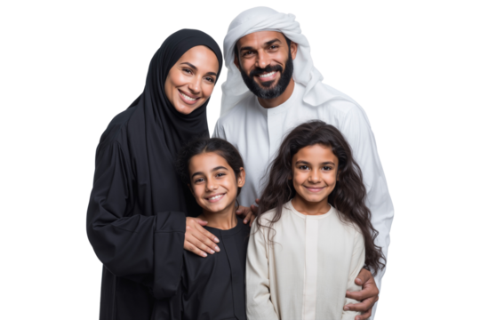 Smiling Emirati family wearing traditional clothes, embodying unity and cultural pride, isolated on transparent background