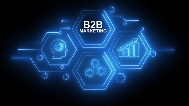 Abstract neon Hud knowledge ability business gear icon Glowing neon line concept. Glowing "B2B MARKETING" button in German on a futuristic, abstract wave technology om black background.
