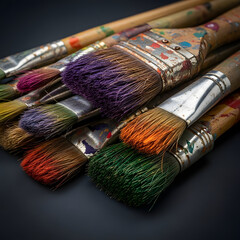 Fototapeta premium Close-up of artist paintbrushes, showcasing vibrant colors and artistic tools. Each brush is covered in paint