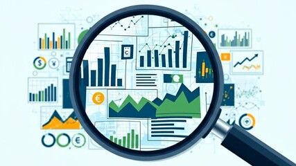 Magnifying glass focusing on financial data charts with graphs and analytics in digital environment - Powered by Adobe