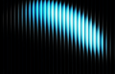 Abstract glowing blue light shining through dark vertical blinds creating a modern and atmospheric background for technology or futuristic themes and designs