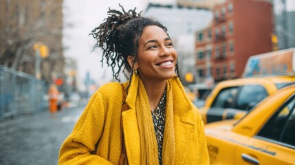 A cheerful woman dressed in a yellow coat stands on a busy city street smiling brightly.
