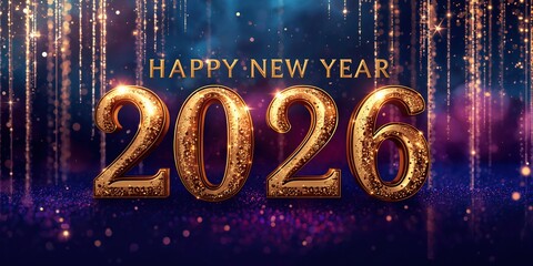 Happy New Year 2026: Glittering Golden Typography with Festive Ornaments, Gifts, and Red & Gold Celebration Decor