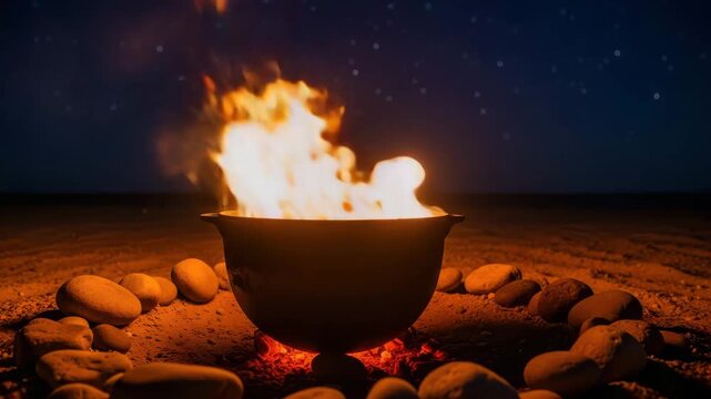 A cauldron of fire surrounded by rocks under a starry night sky