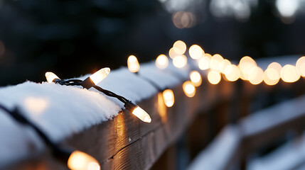 Warm, inviting string lights nestle in fresh snow, creating a magical winter scene. The soft glow of the lights contrasts with the crisp, cold atmosphere. Magical winter nights
