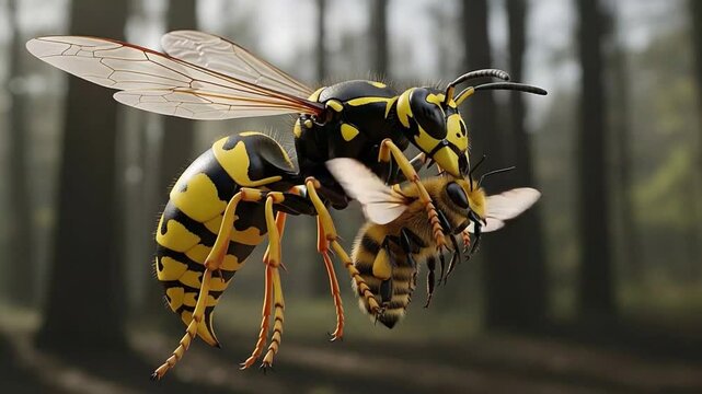 Wasp Attacks Honey Bee Predation in Forest Cinematic Macro Insect Wildlife Nature.