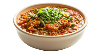 A vibrant bowl of hearty lentil stew topped with fresh herbs served on a wooden table, isolated on white background