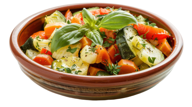 Freshly prepared vegetable medley in a rustic bowl garnished with basil showcasing vibrant colors, isolated on white background