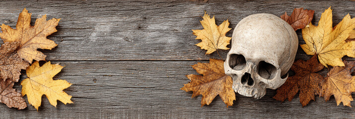 Scary human skull and autumn leaf on rustic wood background. spooky horror decoration for Halloween holiday banner, representing concept of death and fear