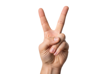 human hand gesturing the peace sign, hand signal, friendship, agreement, isolated on white or transparent background. PNG