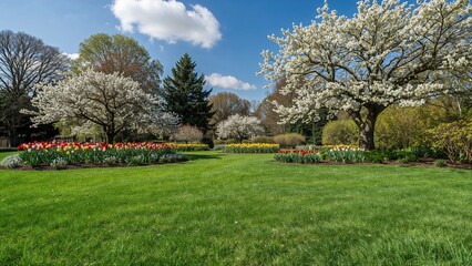 Obraz premium Garden in the spring with blooming trees and colorful flowers