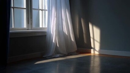 Sunlight streams through a window illuminating a sheer white curtain and casting shadows across an empty room - Powered by Adobe