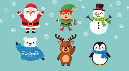 Cute Winter Cartoon Characters Set – Santa Claus, Elf, Snowman, Polar Bear, Reindeer, Penguin – Christmas Holiday Icon Collection for Greeting Cards, Stickers, Web, and Print