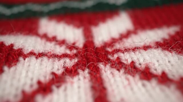 Close-up of a knitted Christmas sweater with a snowflake pattern.