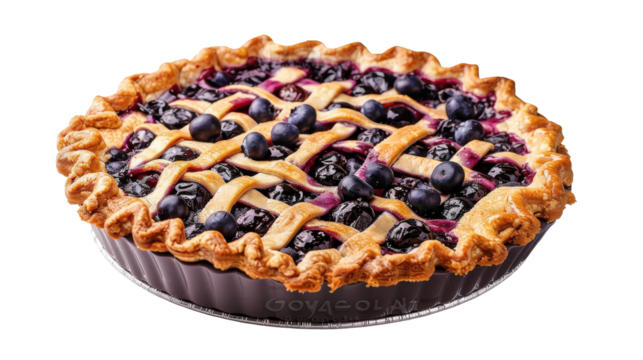 Delicious blueberry apple pie with a golden lattice crust, isolated on white background