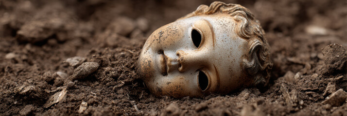 Creepy, scary, broken doll head abandoned in dark soil. forgotten, old toy with dirty, lost expression evokes feelings of horror, fear, and loneliness on ground