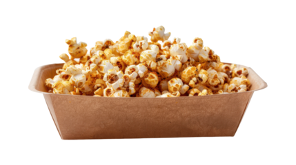 A close-up view of a bowl of freshly popped popcorn ready for a movie night, isolated on white background