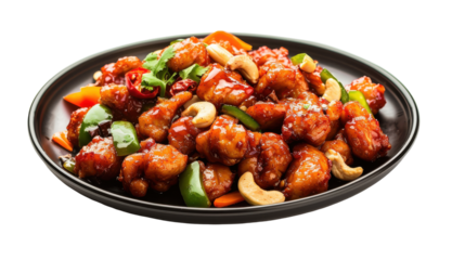 Delicious stir-fried chicken with colorful vegetables and cashews on a black plate, isolated on white background