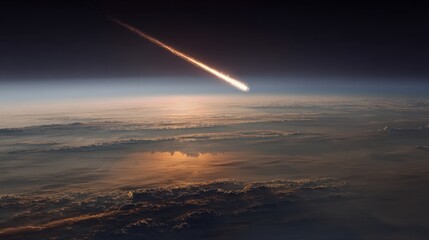 A glowing meteor streaks across the dark upper atmosphere above a cloud filled Earth
