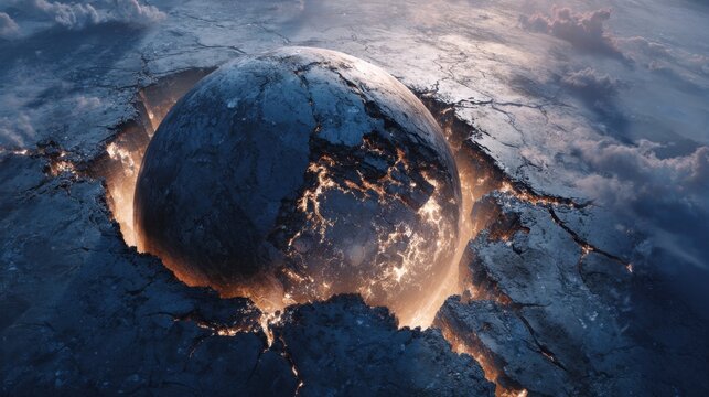 Cracked planet with glowing magma fissures dark rocky surface dramatic clouds