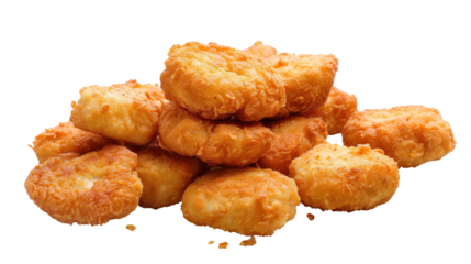 Golden-brown chicken nuggets stacked ideal for fast food menus, isolated on white background