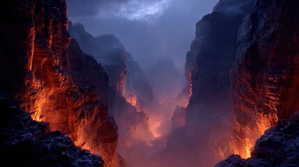Fiery volcanic canyon with dramatic glowing lava and dark stormy clouds