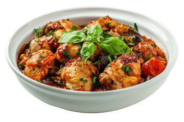 Fototapeta premium Delicious chicken dish with herbs and tomatoes in a white bowl garnished with basil, isolated on white background
