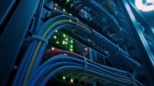 A bunch of wires that are connected to each other in a server room