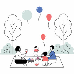 Family enjoying a picnic with balloons illustration