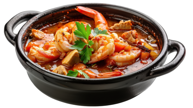 A vibrant bowl of shrimp stew garnished with fresh parsley showcasing rich flavors, isolated on white background