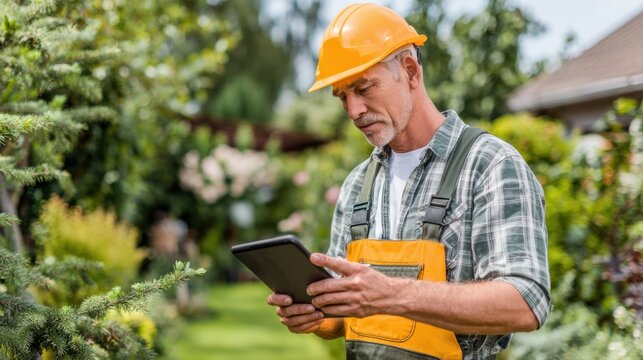 Gardener in orange hard hat reviews plans on a tablet in a lush garden filled with plants.