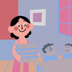 Teacher carrying books in a classroom with students and a window