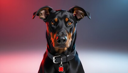 Close-up portrait of a black Doberman Pinscher with glowing red eyes and upright ears. The dog wears a black leather collar with a red charm against a deep red blurred background, dramatic and powerfu