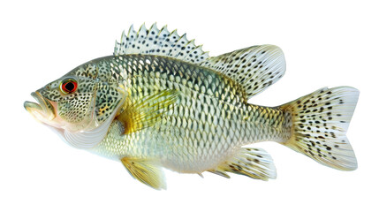 Naklejka premium Bright and lively freshwater fish swimming elegantly in a transparent water setting, isolated on white background