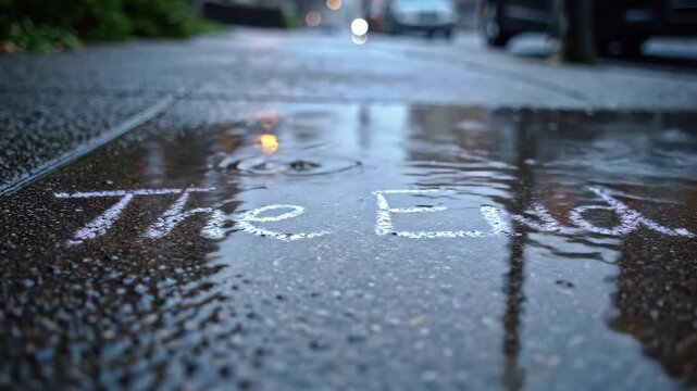 Chalk inscription of The End in a reflective puddle on a city street