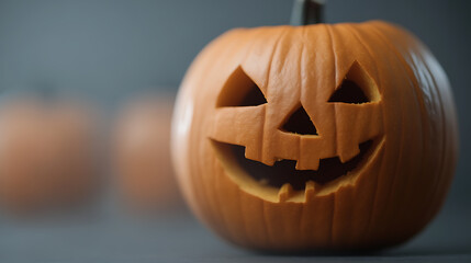 Festive carved pumpkin with triangular eyes, a triangular nose, and a toothy grin, perfect for Halloween decorations and spooky season vibes. Other pumpkins in the background.