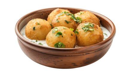 A bowl of crispy golden dumplings served with creamy sauce and garnished with herbs, isolated on white background