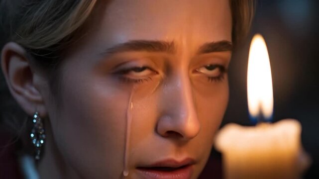 Woman's tearful face illuminated by candlelight, expressing sadness and grief