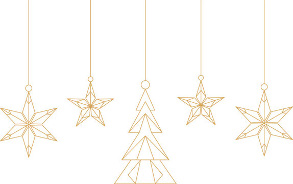 Geometric gold christmas snowflake ornaments vector set, elegant holiday hanging baubles.