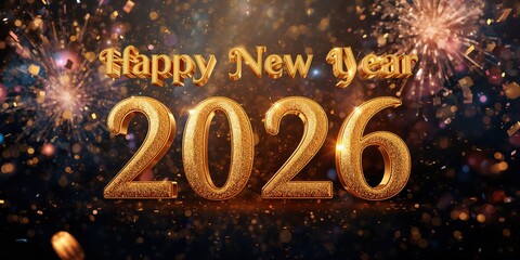 Happy New Year 2026: Glittering Golden Typography with Festive Ornaments, Gifts, and Red & Gold Celebration Decor