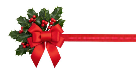 Festive Red Bow with Holly and Ribbon: A striking red bow, accompanied by lush green holly leaves and vibrant red berries, creates a festive and inviting presentation.