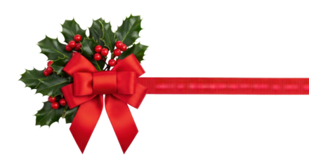 Festive Red Bow with Holly and Ribbon: A striking red bow, accompanied by lush green holly leaves and vibrant red berries, creates a festive and inviting presentation.