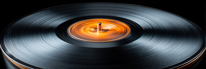 Closeup of black vinyl record with nostalgic retro feel. glowing orange label on vintage music disc evokes warm memories of classic analog sound and melody