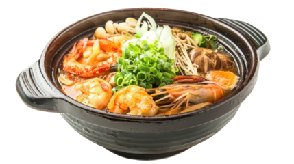 A steaming bowl of seafood ramen topped with fresh green onions and mushrooms, isolated on white background
