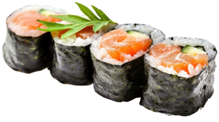 Fresh sushi rolls with salmon and cucumber garnished with herbs, isolated on white background