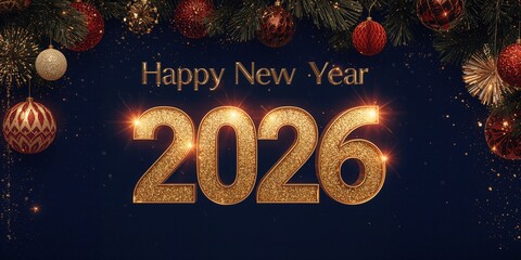 Happy New Year 2026: Glittering Golden Typography with Festive Ornaments, Gifts, and Red & Gold Celebration Decor
