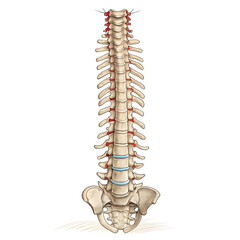 Detailed illustration of human spine isolated on white background, showing vertebral anatomy and structure for medical